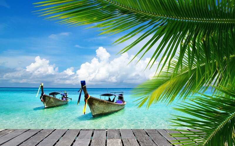 Long-tail Boats in Turquoise Water — Blue, Serene