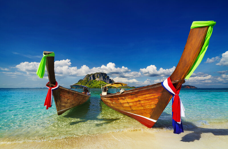 Long-tail Boats on Beach — Blue, Serene