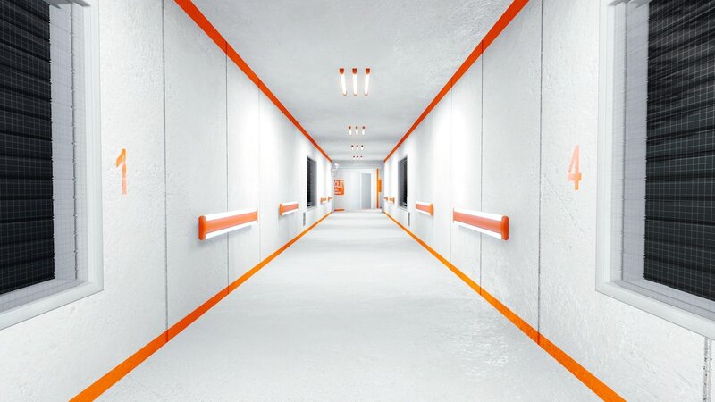 long white corridor with orange accents