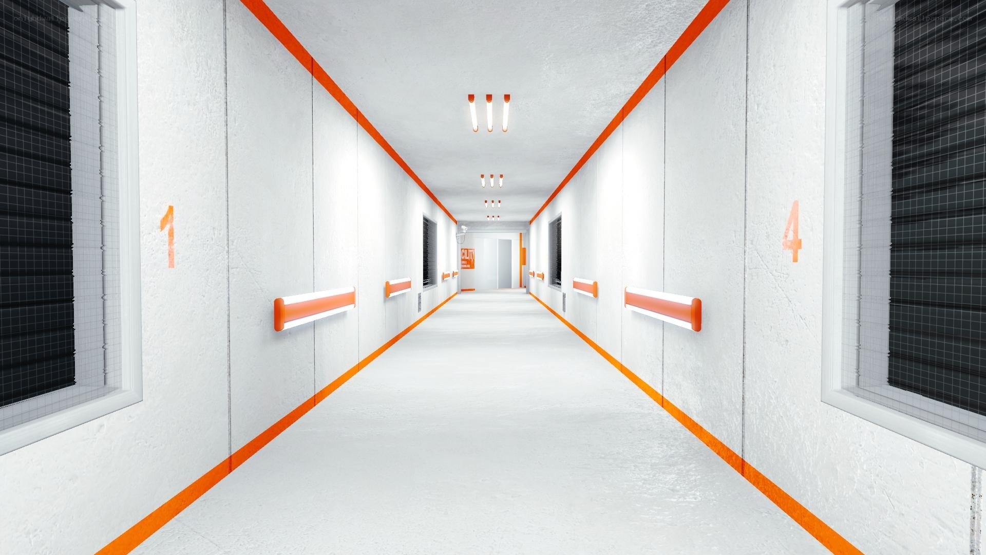 long white corridor with orange accents