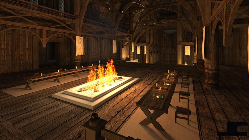 Long Wooden Hall with Fire