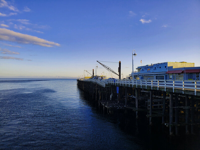 Long Wooden Pier — Blue, Serene, Sunset