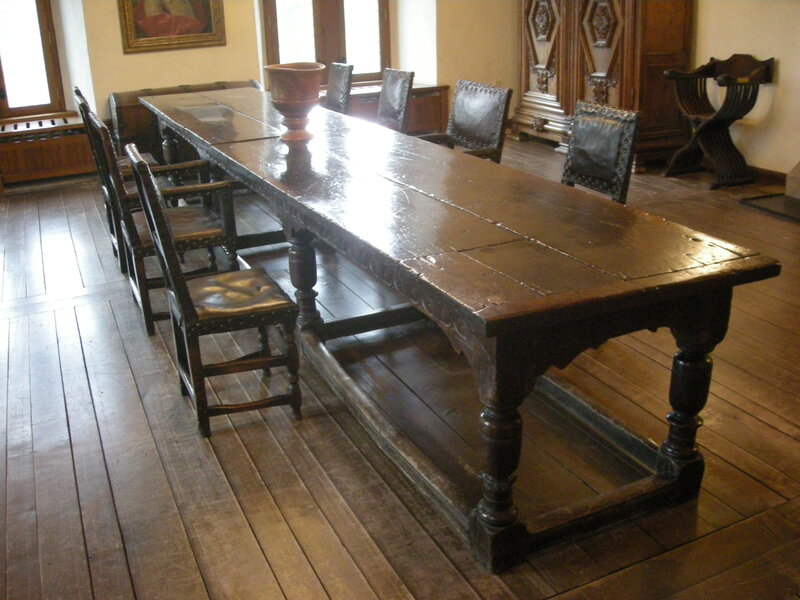 long wooden table in dining room