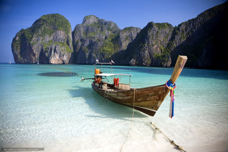 Longtail Boat at Beach — Blue, Serene