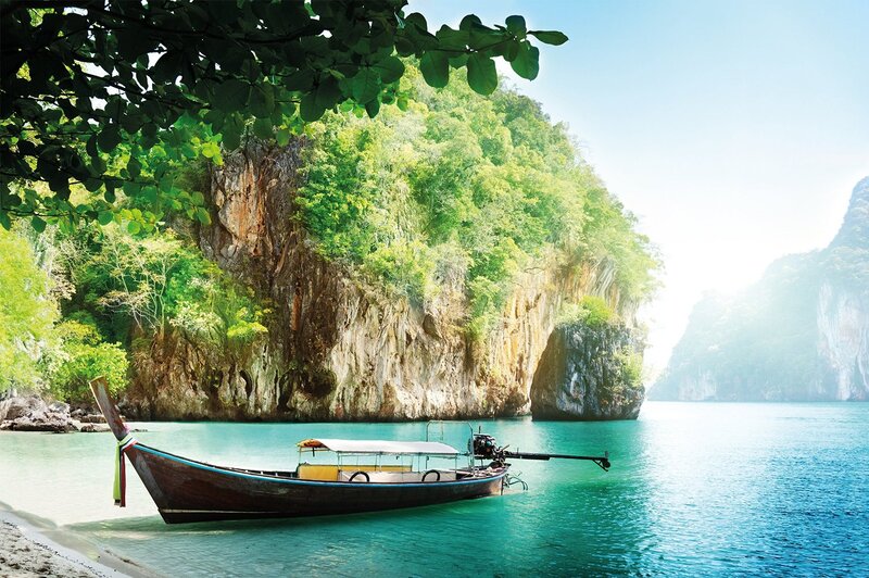 Longtail Boat at Beach — Blue