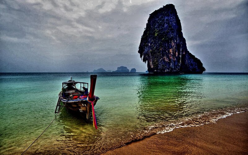 Longtail Boat at Beach — Green, Dramatic