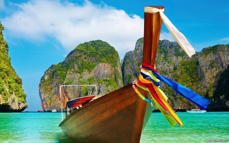 Longtail Boat in Bay — Blue, Serene, Afternoon, Photograph, Mountain, Sea