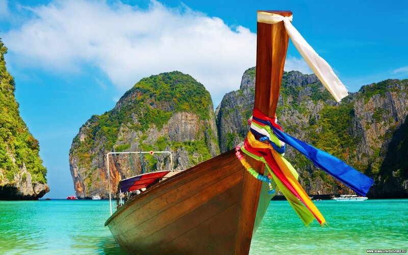 Longtail Boat in Bay — Blue, Serene, Afternoon, Photograph, Mountain