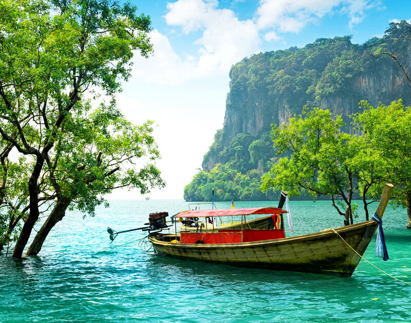 Longtail Boat in Bay — Blue, Serene, Afternoon, Photograph, Trees