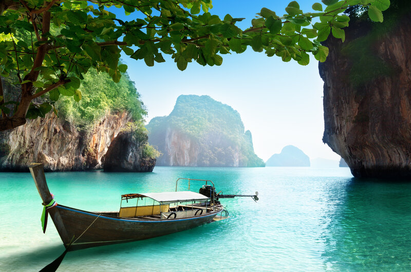 Longtail Boat in Bay — Blue, Serene, Afternoon