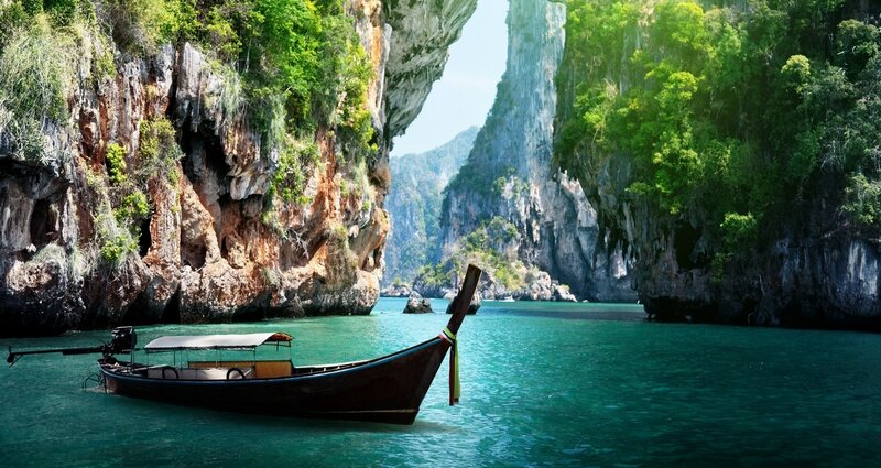 Longtail Boat in Bay — Green, Serene, Afternoon, Photograph, Cliffs