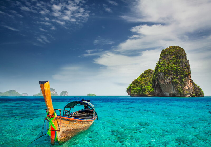 Longtail Boat in Turquoise Water — Blue, Serene, Afternoon, Photograph