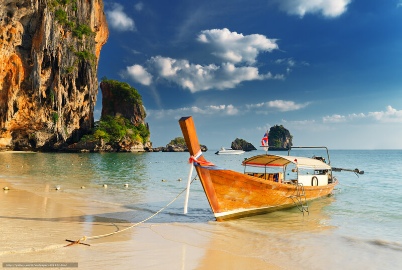 Longtail Boat on Beach — Blue, Serene, Afternoon, Photograph, Cliff, Sea