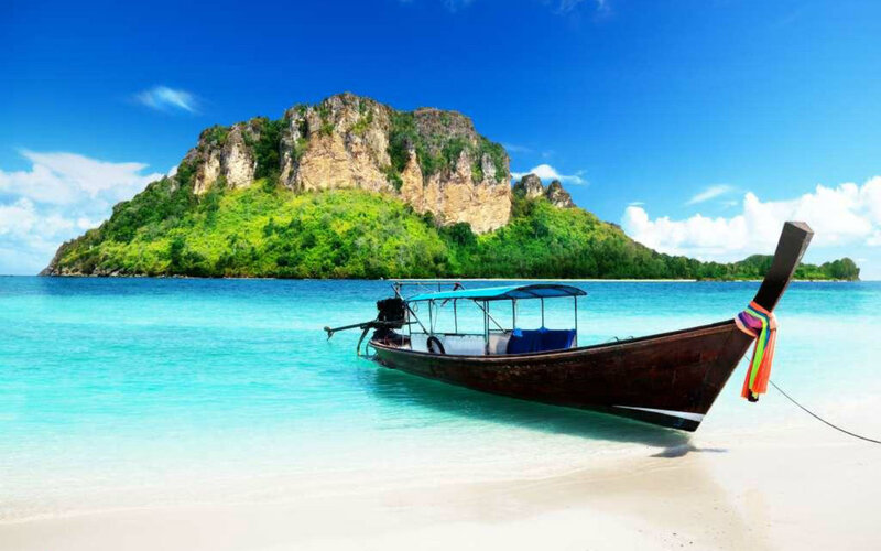Longtail Boat on Beach — Blue, Serene, Afternoon, Photograph, Island, Mountain