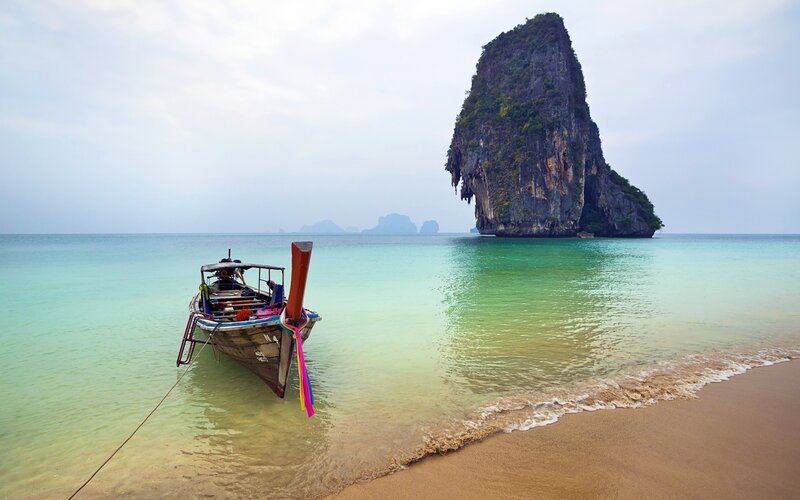 Longtail Boat on Beach — Blue, Serene, Afternoon, Photograph, Island, Sand