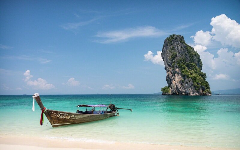 Longtail Boat on Beach — Blue, Serene, Afternoon, Photograph, Island, Sea
