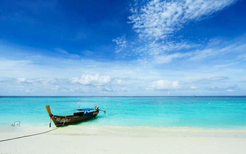 Longtail Boat on Beach — Blue, Serene, Afternoon, Photograph, Sand