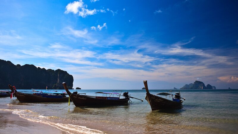 Longtail Boats at Beach — Blue, Serene