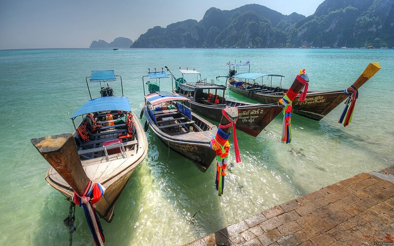 Longtail Boats at Dock — Blue