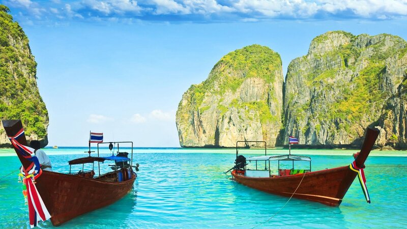 Longtail Boats in Bay — Blue, Serene