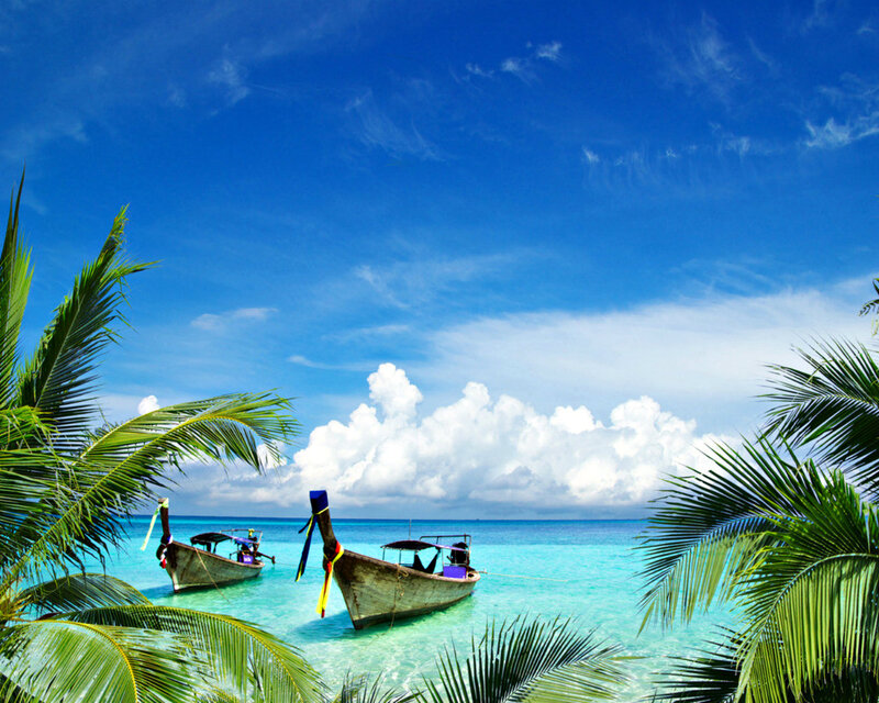 Longtail Boats in Turquoise Water — Blue