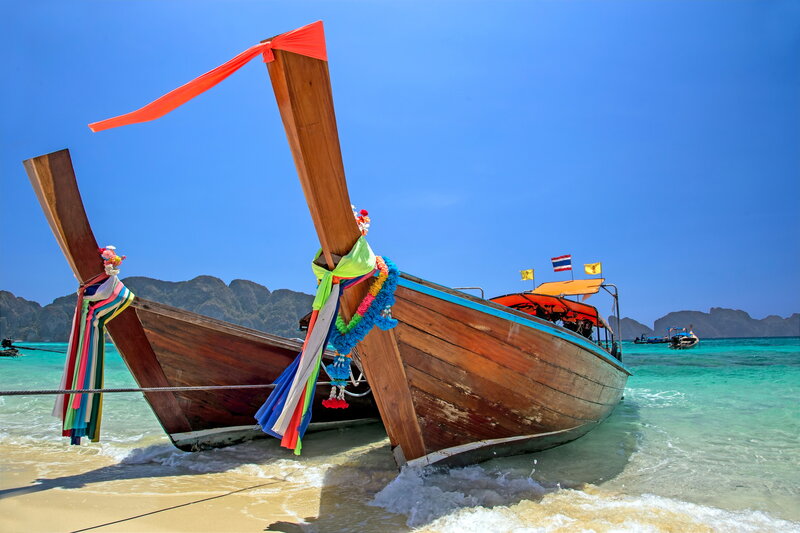 Longtail Boats on Beach — Blue, Serene, Afternoon, Photograph, Mountains