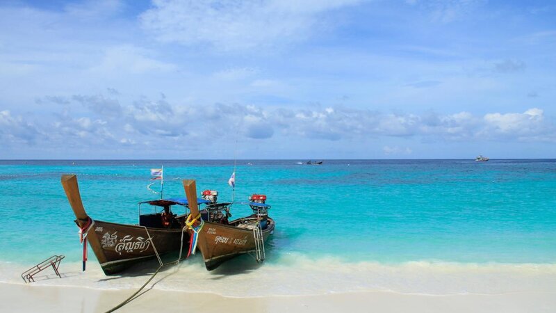 Longtail Boats on Beach — Blue, Serene, Afternoon, Photograph, Ocean, Sky