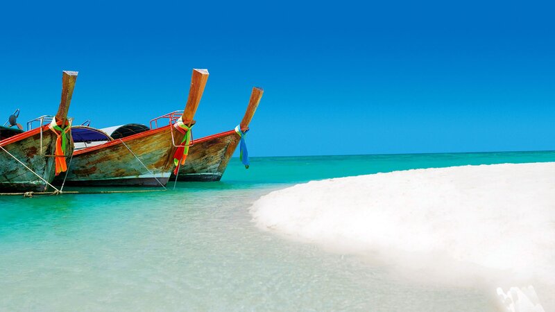 Longtail Boats on Beach — Blue, Serene, Afternoon, Photograph, Ocean