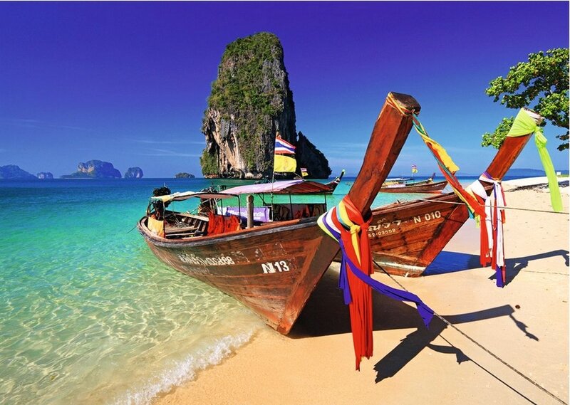 Longtail Boats on Beach — Blue, Serene, Afternoon, Photograph, Rock Formation
