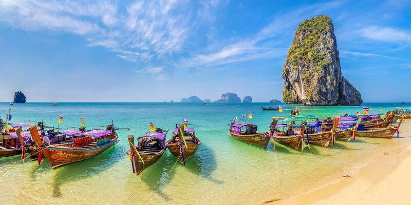 Longtail Boats on Beach — Blue, Serene, Afternoon, Photograph, Sea