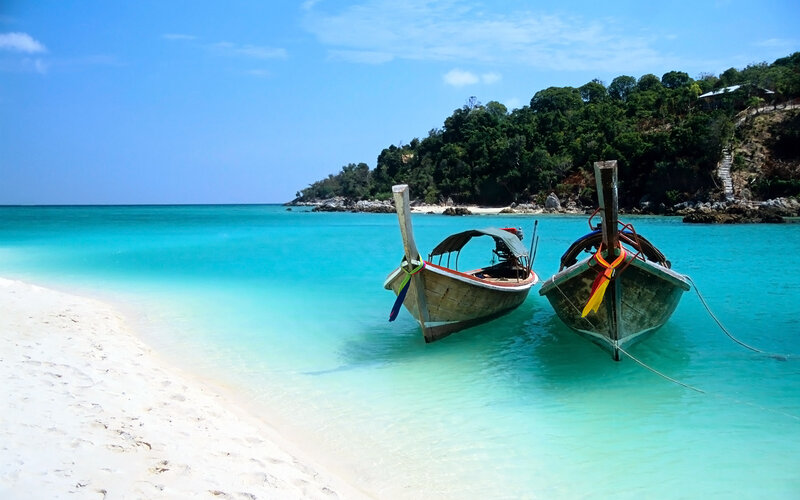 Longtail Boats on Beach — Blue, Serene