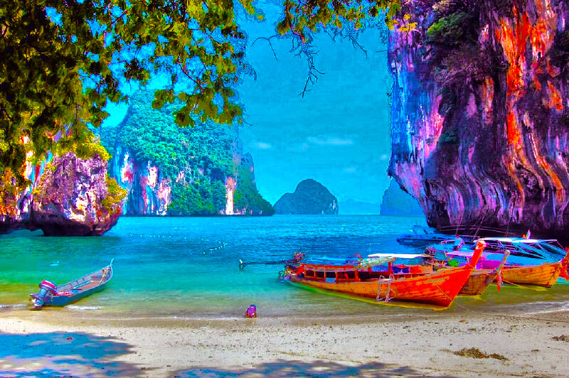 Longtail Boats on Beach — Blue