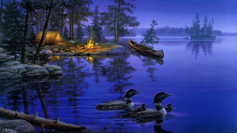 Loon Family on Lake — Blue, Serene, Night, Digital Art