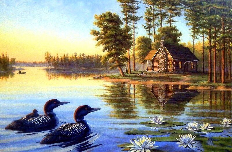 Loon Family on Lake — Blue, Serene, Sunset, Painting