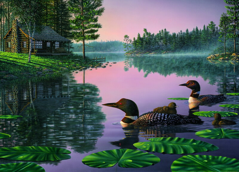 Loon Family on Lake — Green
