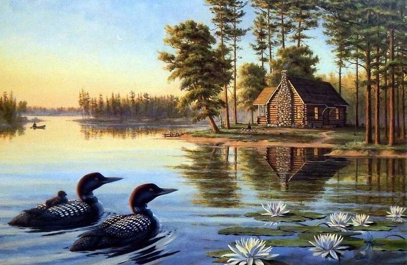 Loon Pair on Lake — Blue