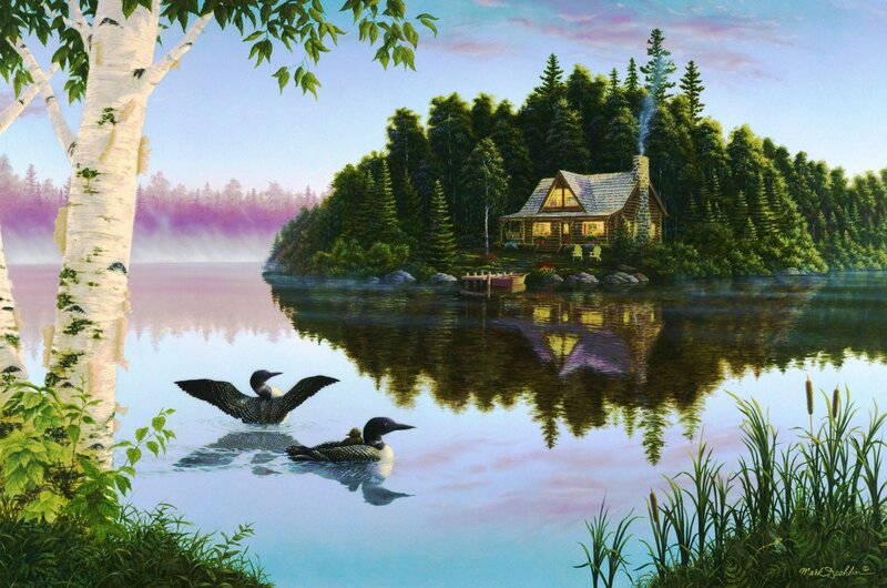 Loons on a Lake — Blue, Serene, Morning