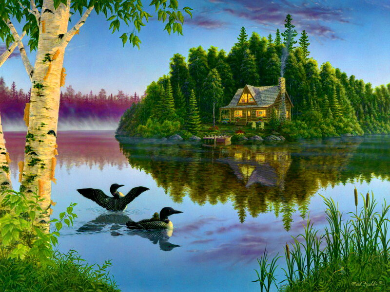 Loons on a Lake — Blue, Serene, Sunset
