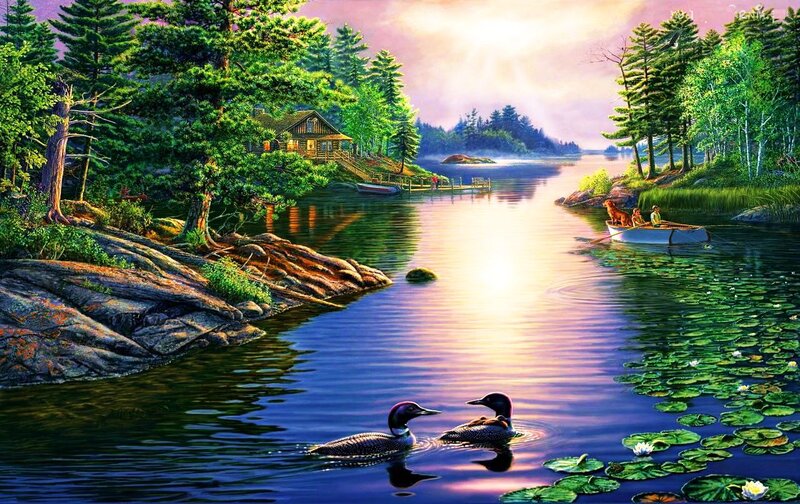 Loons on a Lake — Green, Serene, Sunset