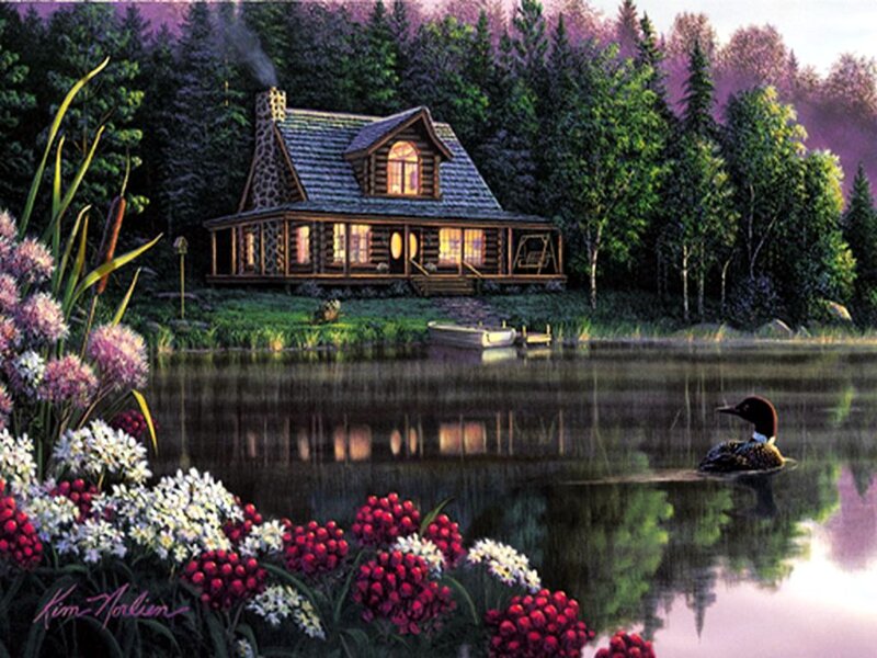 Loons on a Lake — Green, Serene
