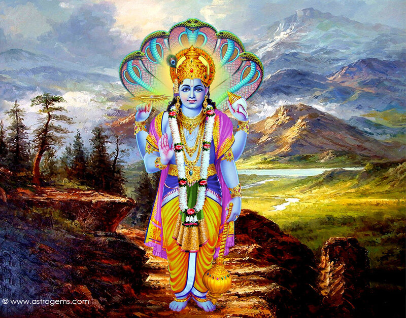 Lord Vishnu in a mountain landscape