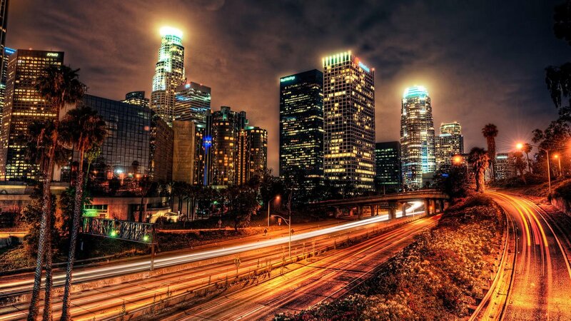 Los Angeles Skyline at Night — Black, Dramatic, Photograph, Skyscrapers, Palm Trees