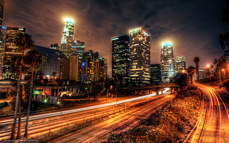 Los Angeles Skyline at Night — Orange, Dramatic, Photograph, Skyscrapers