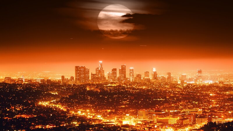 Los Angeles Skyline at Night — Orange, Dramatic, Photograph