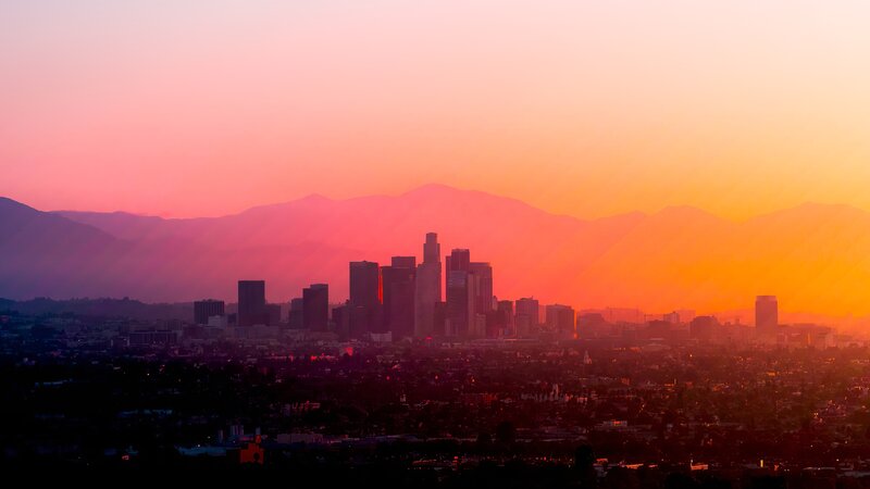 Los Angeles Skyline — Orange, Dramatic, Sunset, Photograph, Mountains