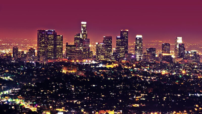 Los Angeles Skyline — Purple, Dramatic, Night, Photograph, Skyscrapers, City Lights, Night Sky