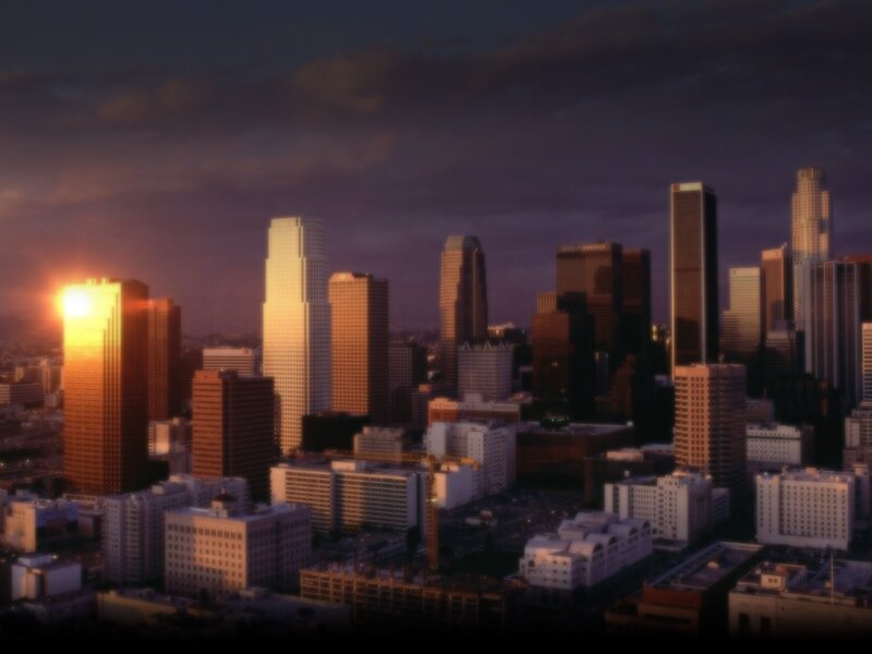 Los Angeles Skyline — Purple, Dramatic, Sunrise, Photograph, Skyscrapers