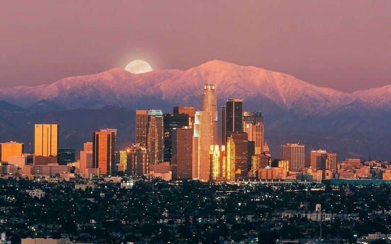 Los Angeles Skyline — Purple, Dramatic, Sunset, Photograph, Mountains, Moon