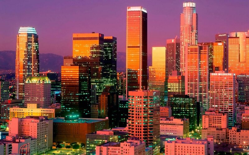 Los Angeles Skyline — Purple, Dramatic, Sunset, Photograph, Skyscrapers, City Lights, Mountains, Orange, Pink