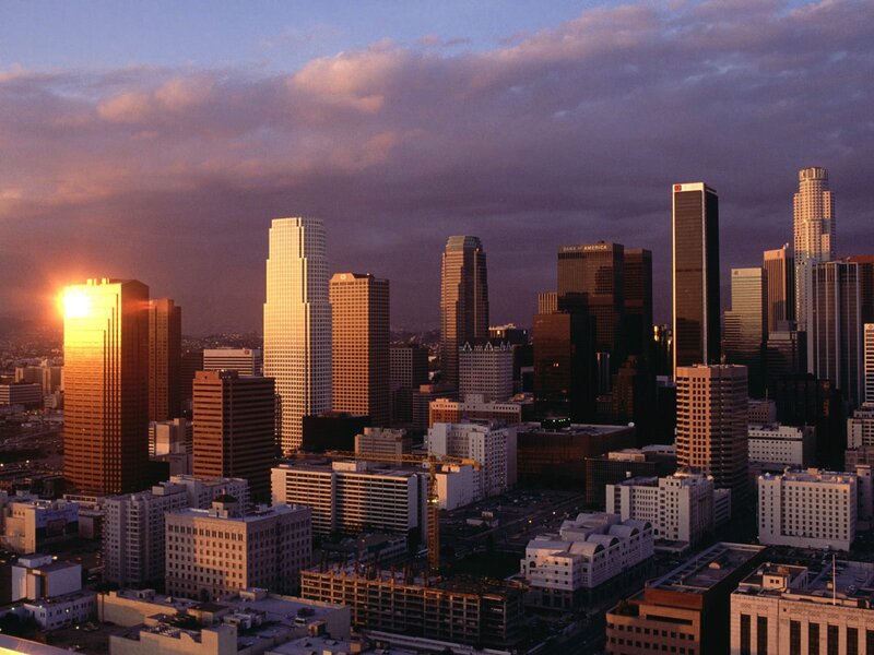 Los Angeles Skyline — Purple, Dramatic, Sunset, Photograph, Skyscrapers, Clouds, Orange